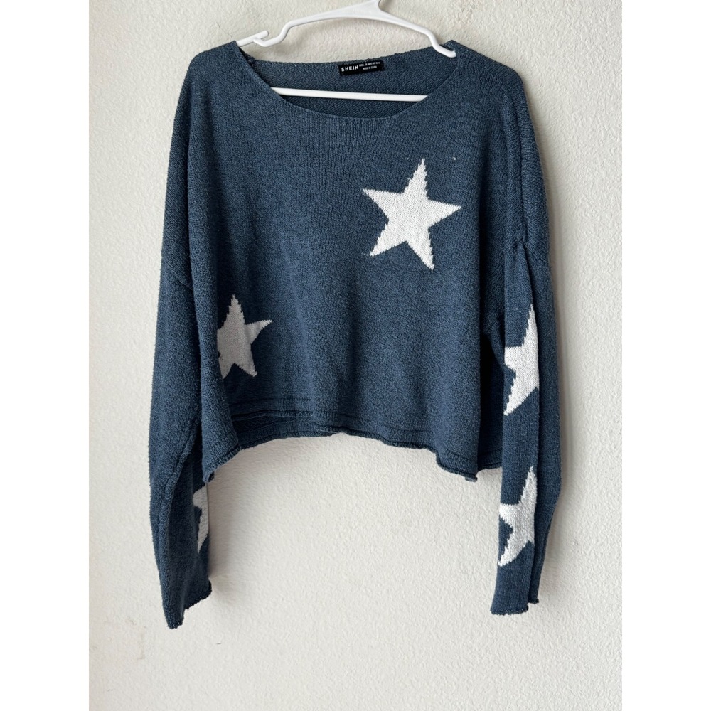 Shein Blue Star Intarsia Knit Cropped Sweater Womens Large Relaxed Boxy Starry